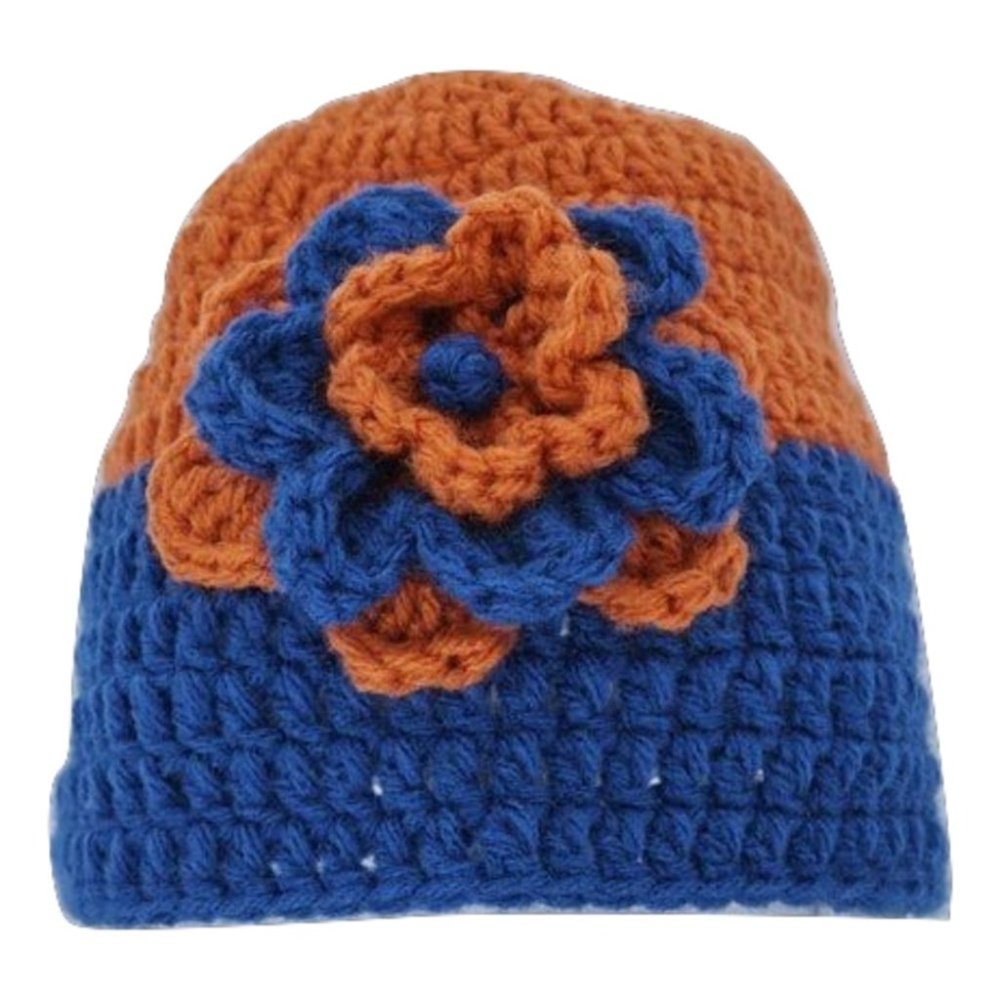 Women’s Homemade Hand Crocheted Orange and Blue Flower Beanie Winter Hat